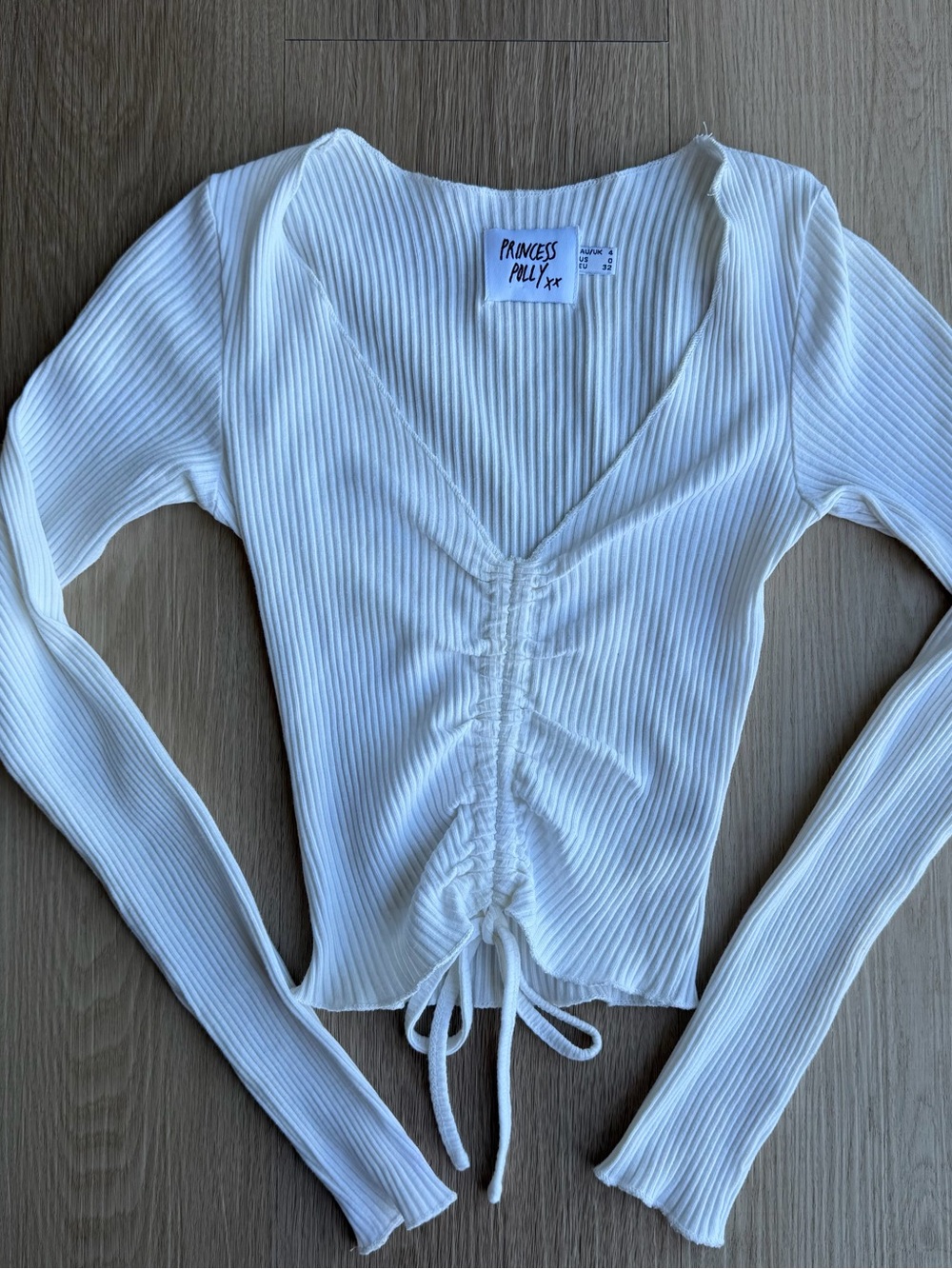 Princess Polly Ivory Ribbed V-Neck Ruched Long Sleeve Top Size 0